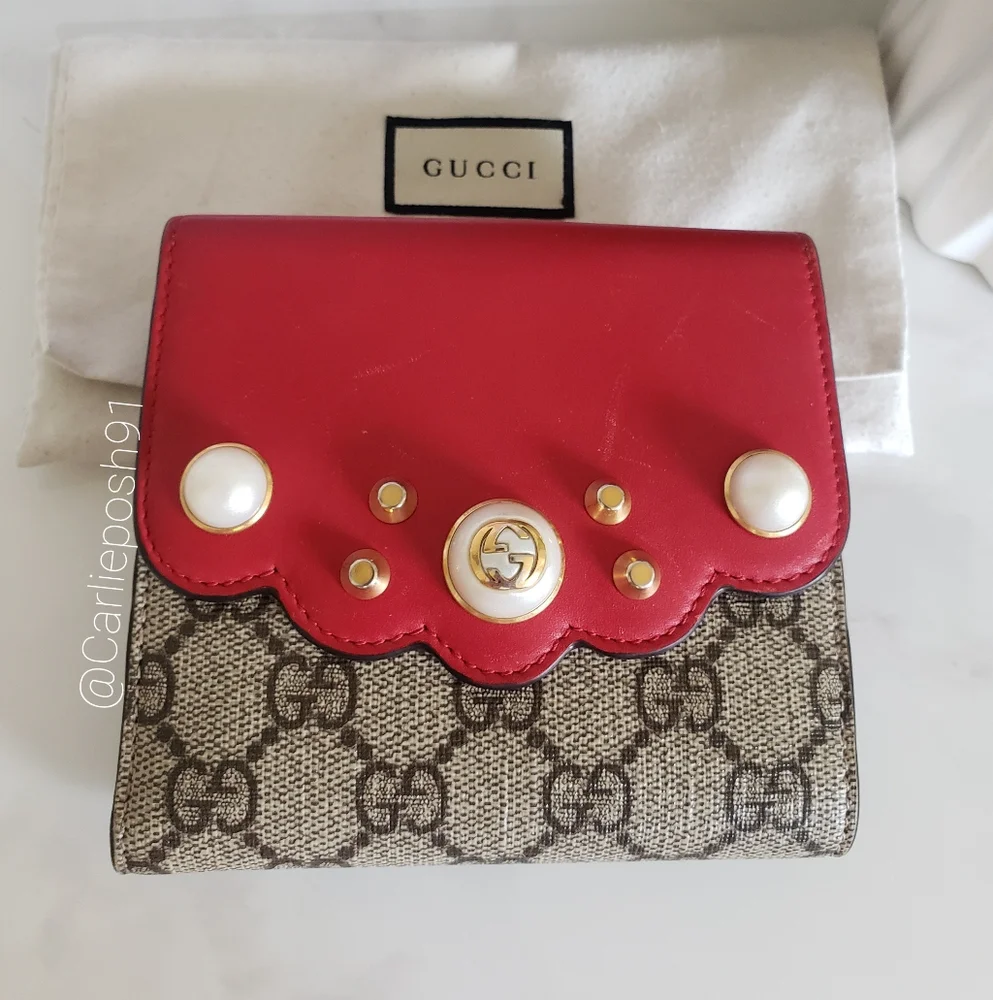 Authentic Pre-owned Gucci Peony Pearl Studded Compact Flap Wallet - Picture 5 of 16